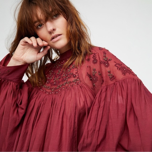 Free People Tops - Free People Mesh Beaded Embroidered Balloon Sleeve
Tie Back Blouse.